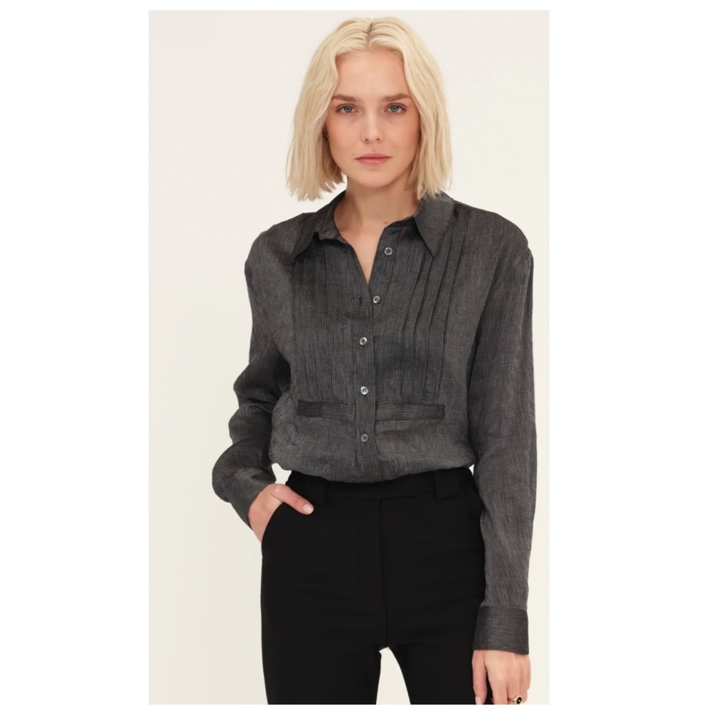 Harshman | Silk & Linen Quiet Luxury Drea Tunic Top Charcoal Stripes | XS - Picture 3 of 14